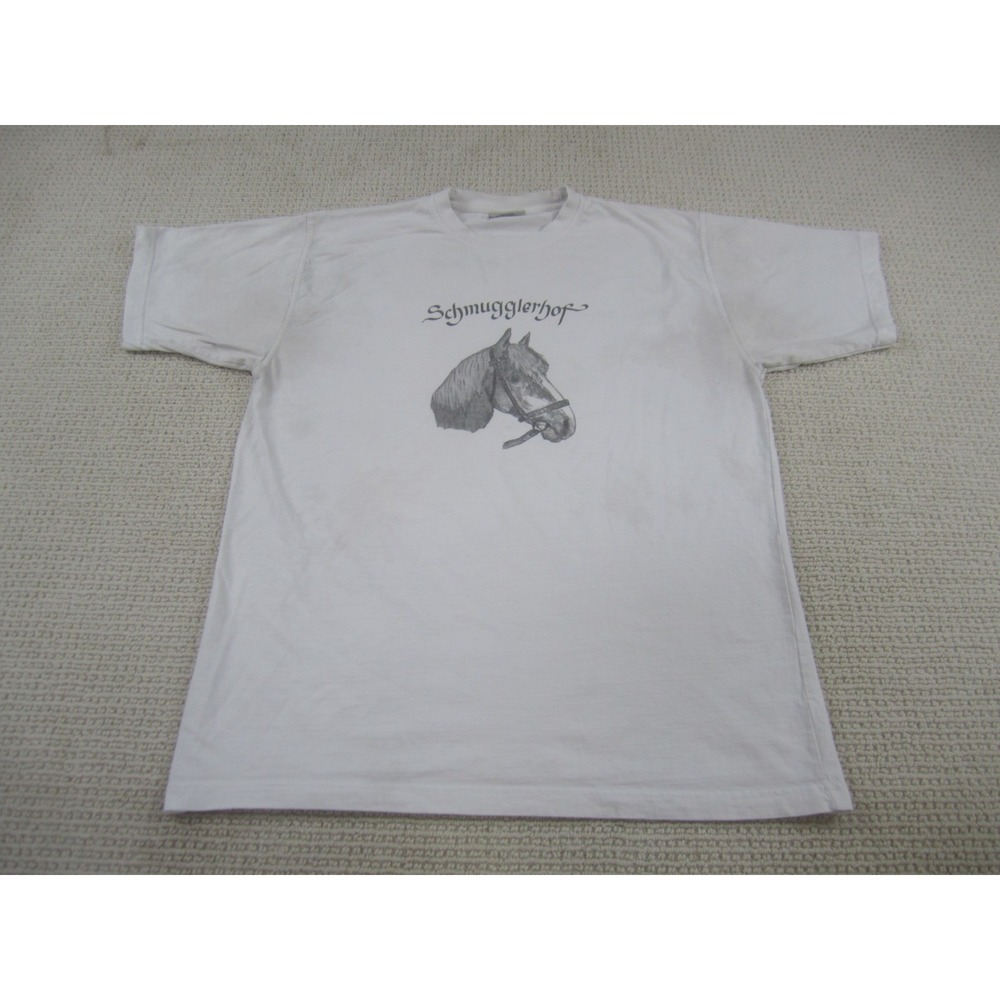 VTG Hakro Shirt Mens XL White Schmugglerhof Horse Graphic‎ Print *Stained*